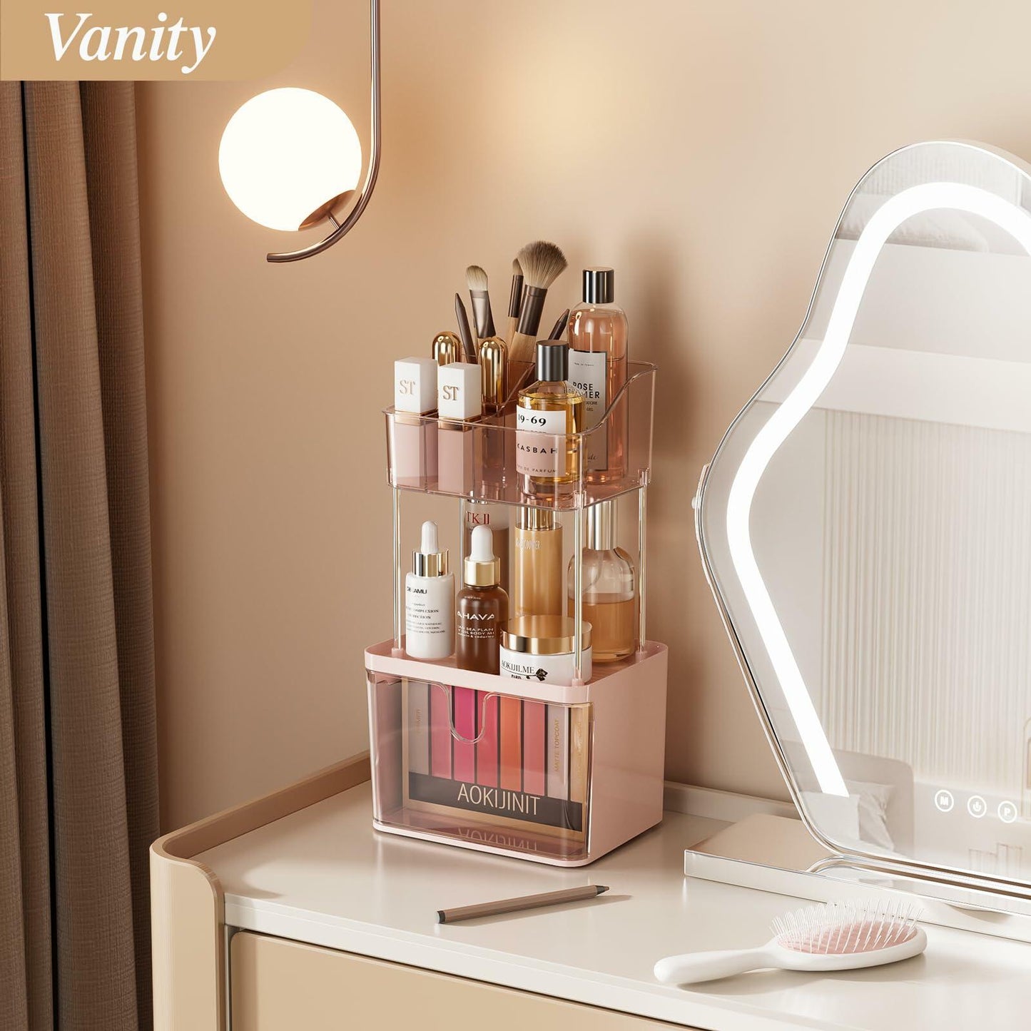 Delamu 3-Tier Makeup Organizer with Drawers & 6-Grid Top Pink Vanity Storage