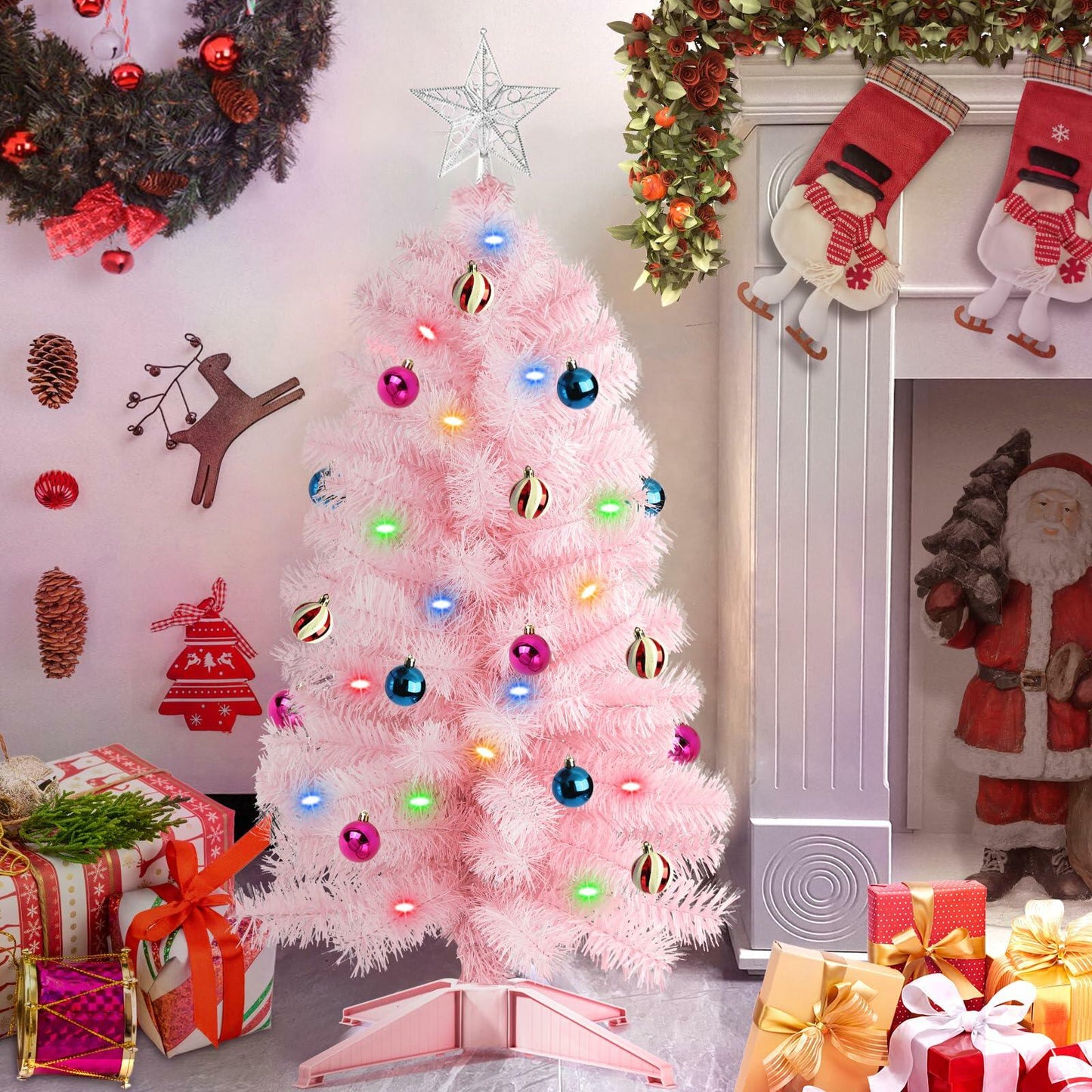 3 Ft Pink Christmas Tree 50 LED 12 Modes Timer 15 Ornaments 3D Star