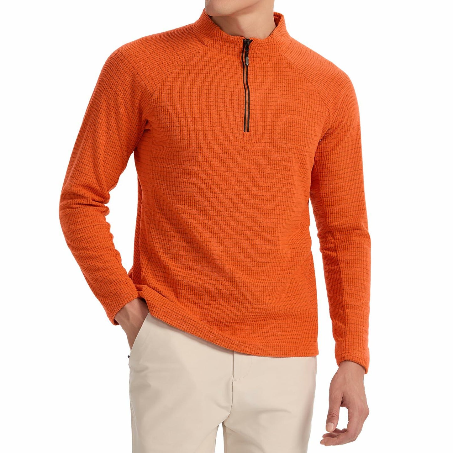 Men's Waffle Quarter Zip Pullover Classic Fleece Mock Neck Orange Size 3XL