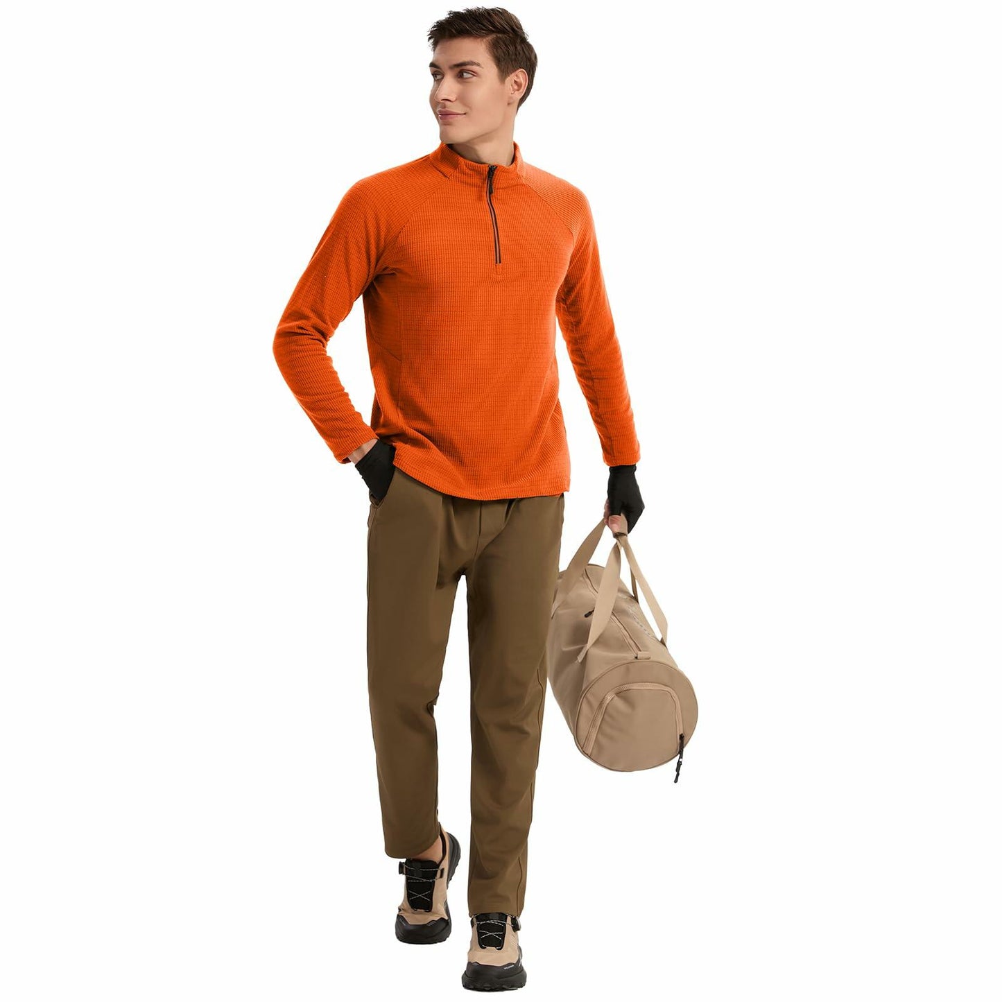 Men's Waffle Quarter Zip Pullover Classic Fleece Mock Neck Orange Size 3XL