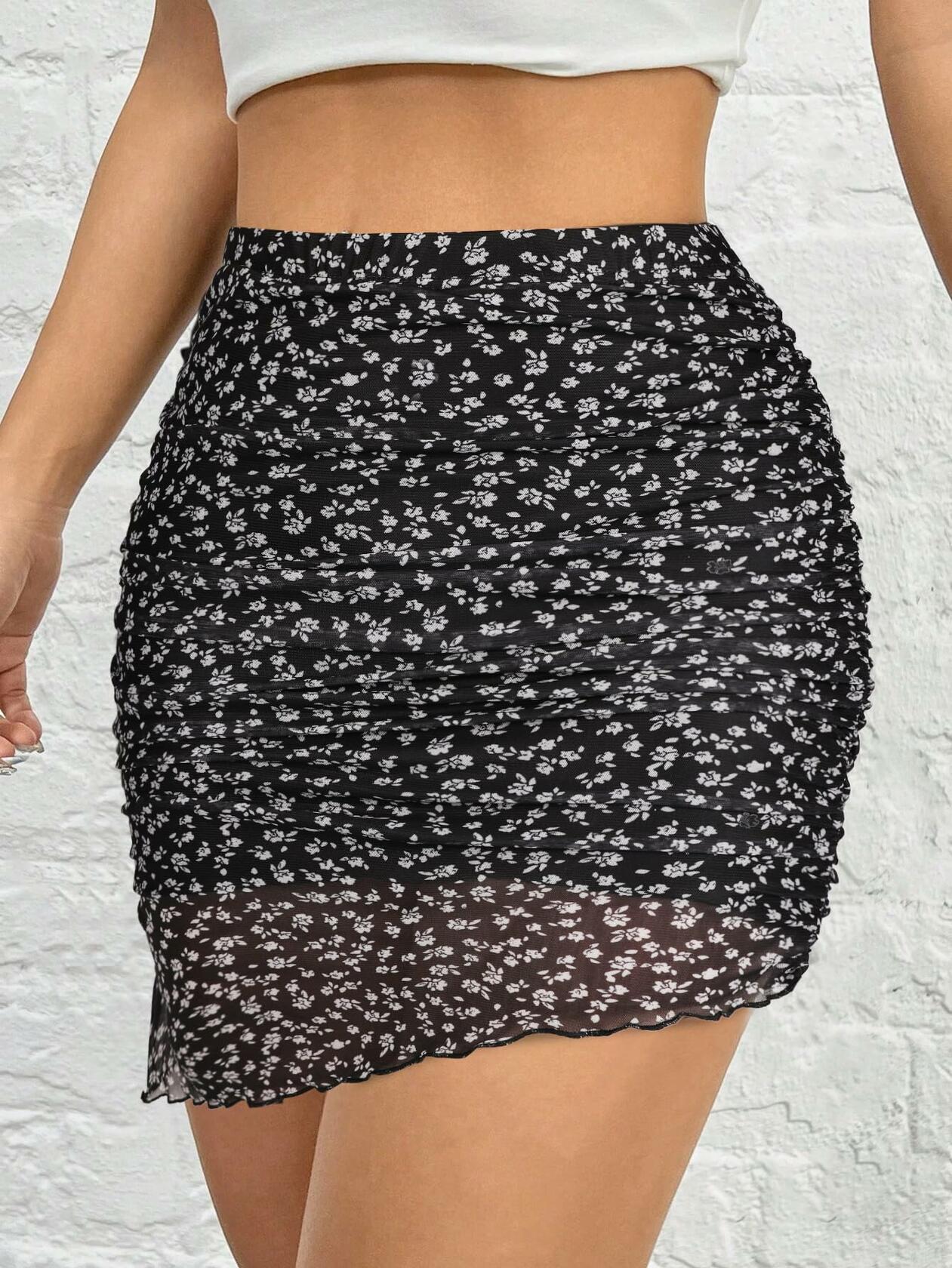 Avanova Women Boho Floral Ruched Mesh Mini Skirt Black Floral Size L