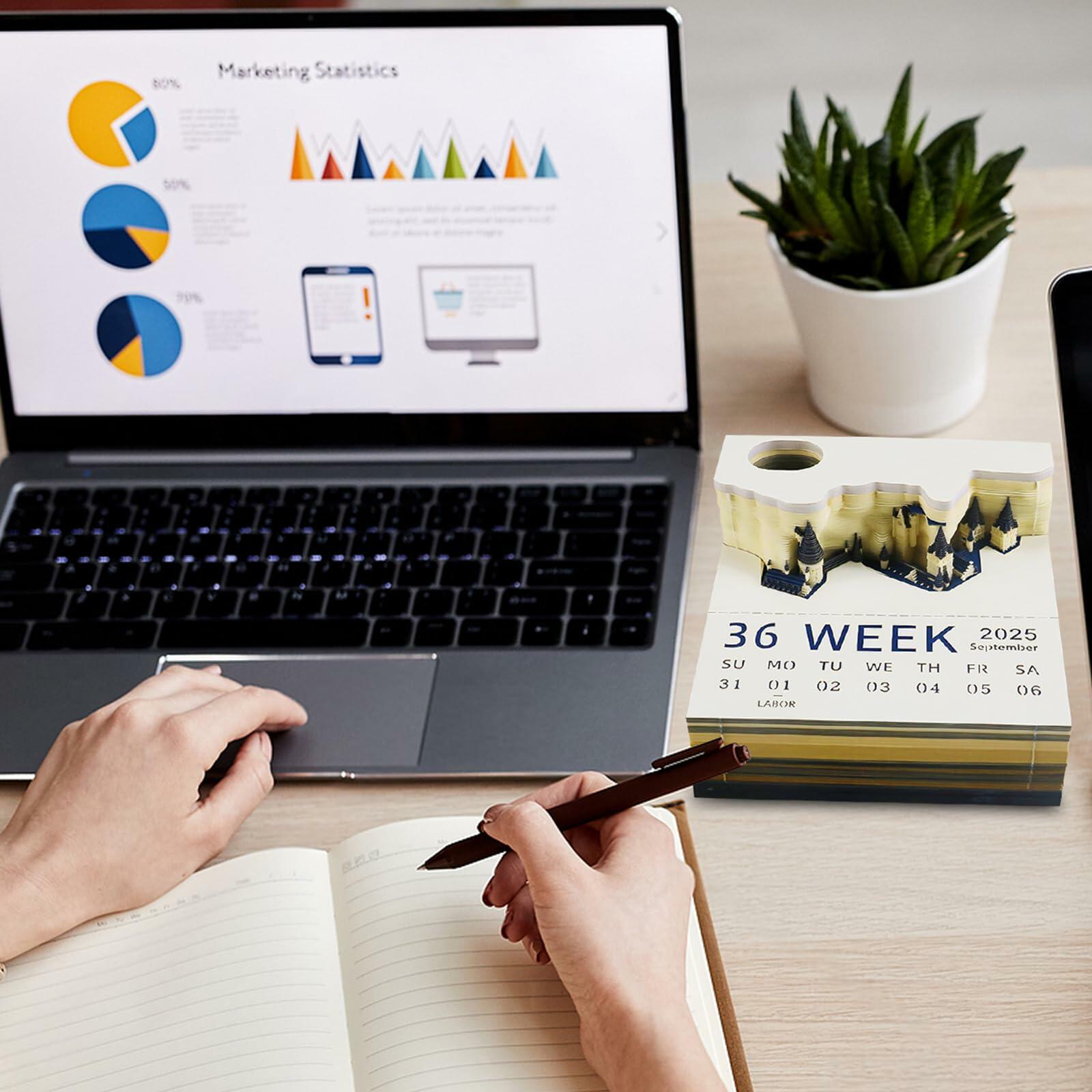 Time Piece 2025 Desk Calendar 3D Carving LED Light Castle Desktop