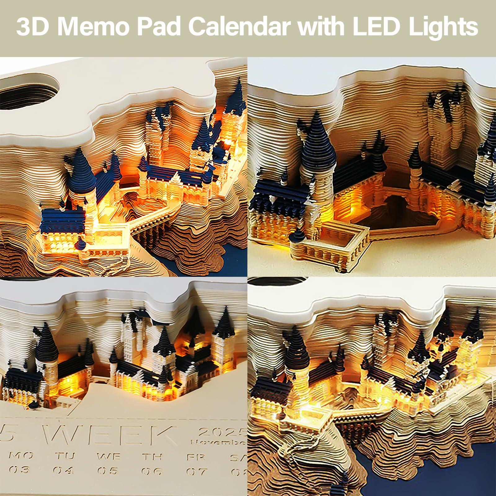 Time Piece 2025 Desk Calendar 3D Carving LED Light Castle Desktop