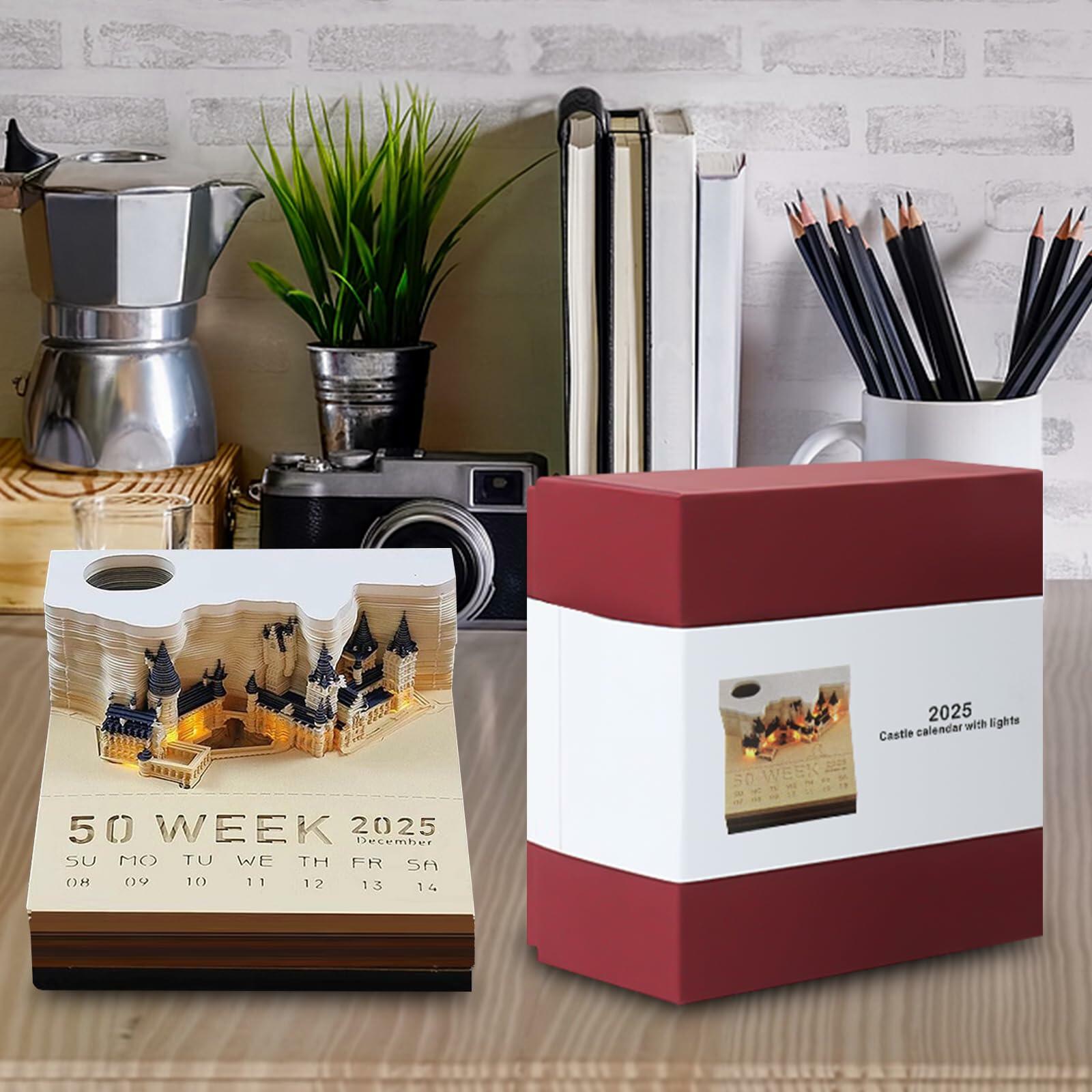 Time Piece 2025 Desk Calendar 3D Carving LED Light Castle Desktop