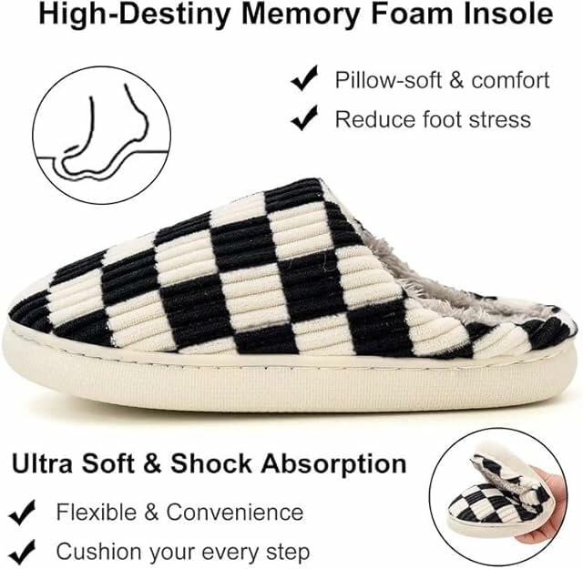 kissxiaoya Unisex Plaid Memory Foam House Slippers Black Size 7.5-8