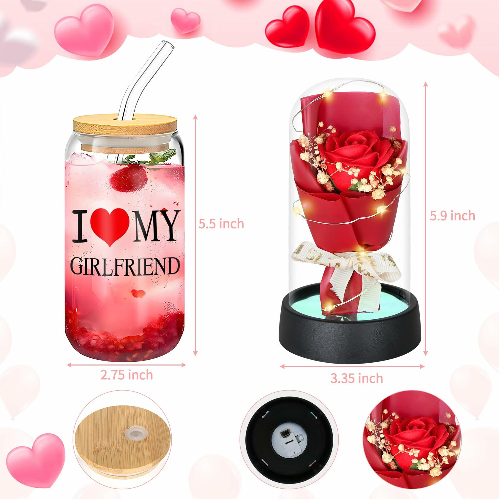 6PCS Valentines Gift Box Women 12oz Wine Tumbler Rose Socks Candle