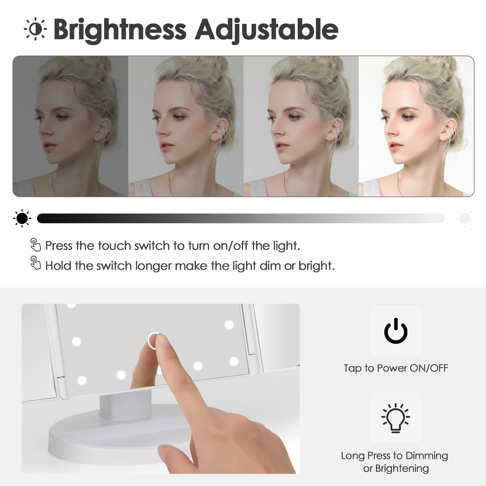 DenCert Makeup Mirror Vanity Mirror 1X-10X Magnification Touch Control White