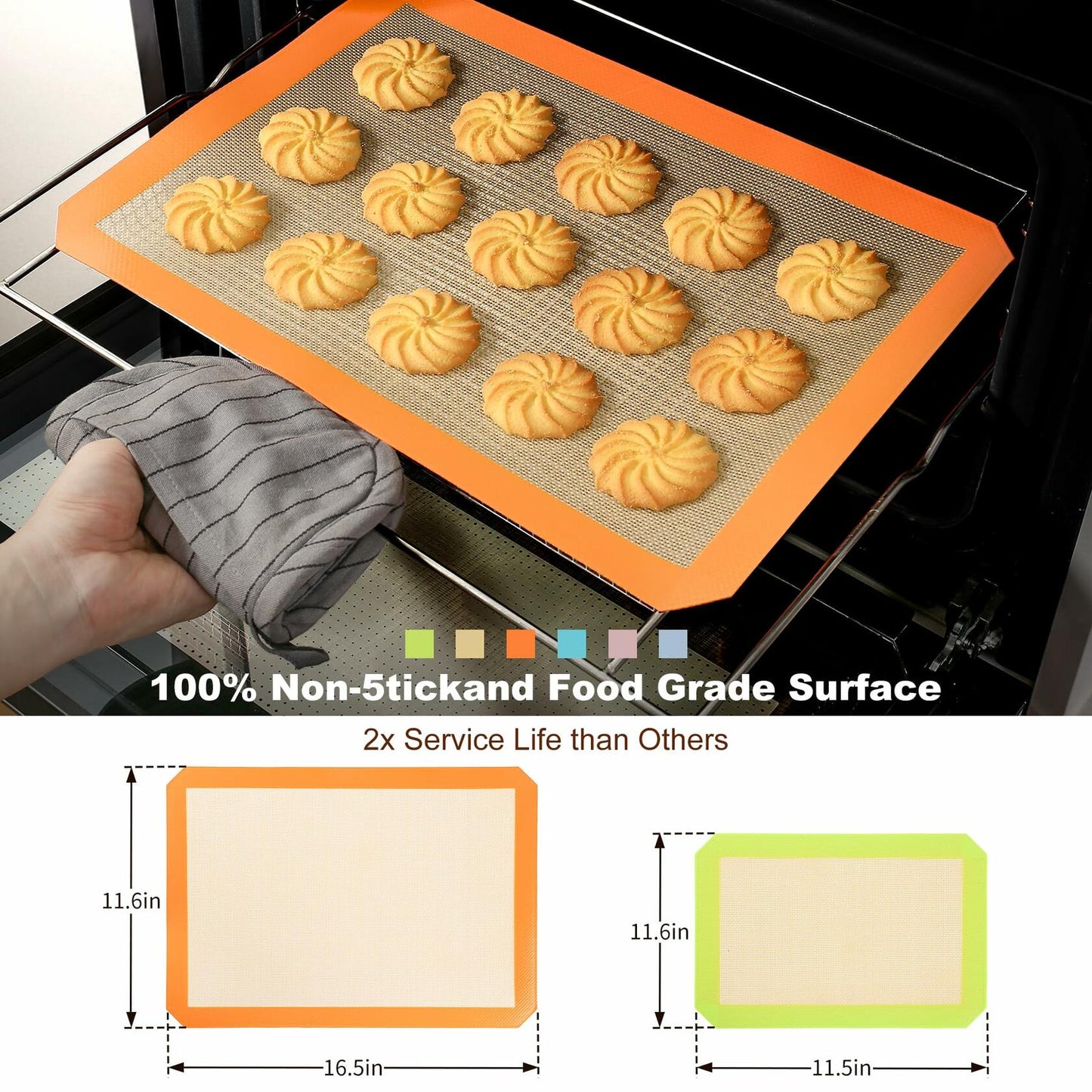 Colorful Silicone Baking Mat Non Stick Food Safe Reusable 3 Pk Orange Blue Green