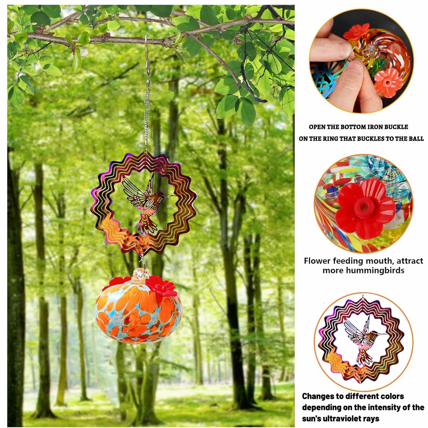 Hand-Blown Glass Hummingbird Feeder with Owl Metal Ornament Garden Decor