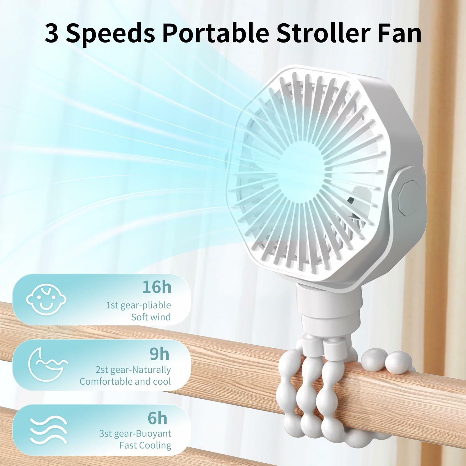 Lerat Portable Stroller Fan Flexible Tripod 3 Speeds Rechargeable White