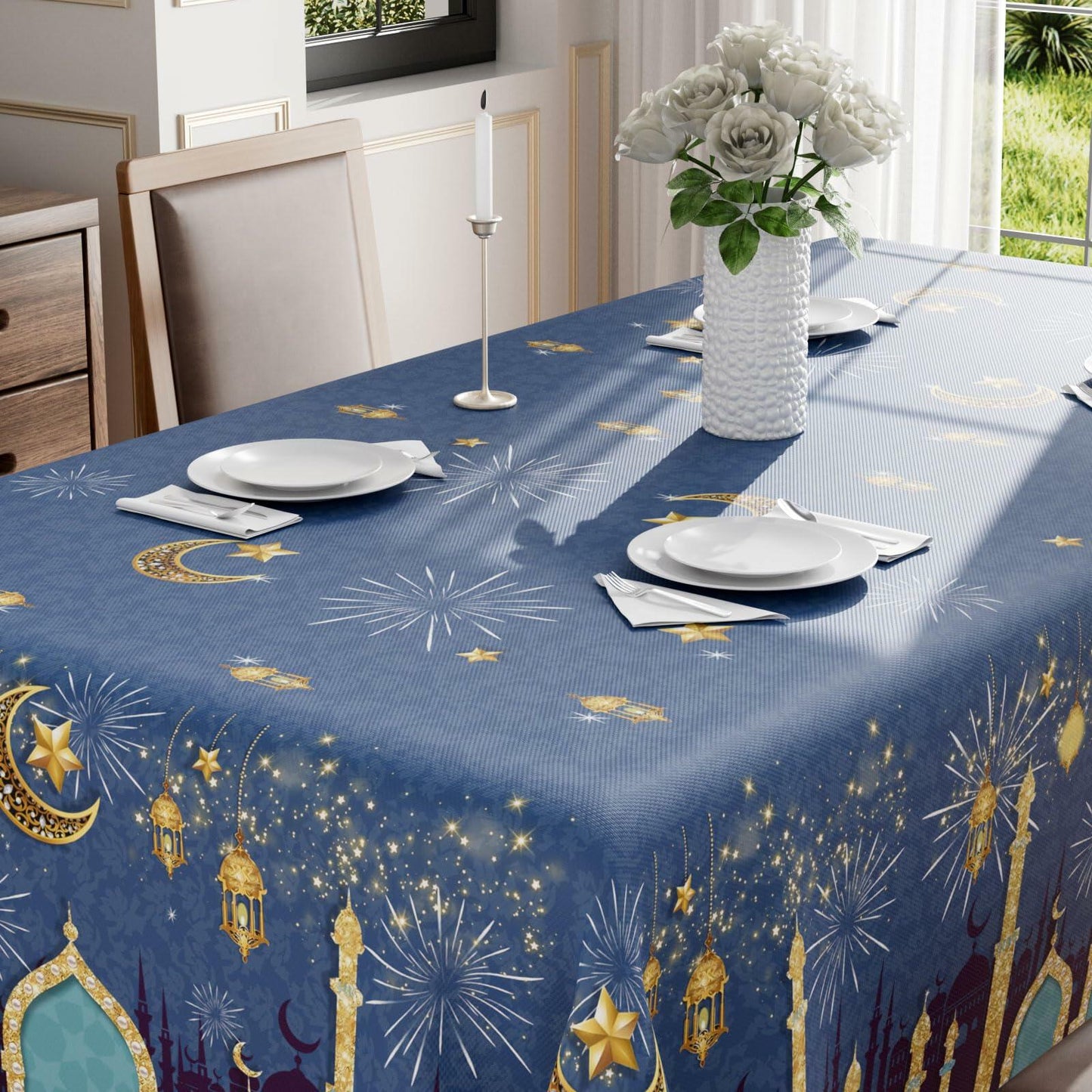 BOTB Eid Al-Fitr Ramadan Tablecloth Green Castle Lantern 60x84 Inch