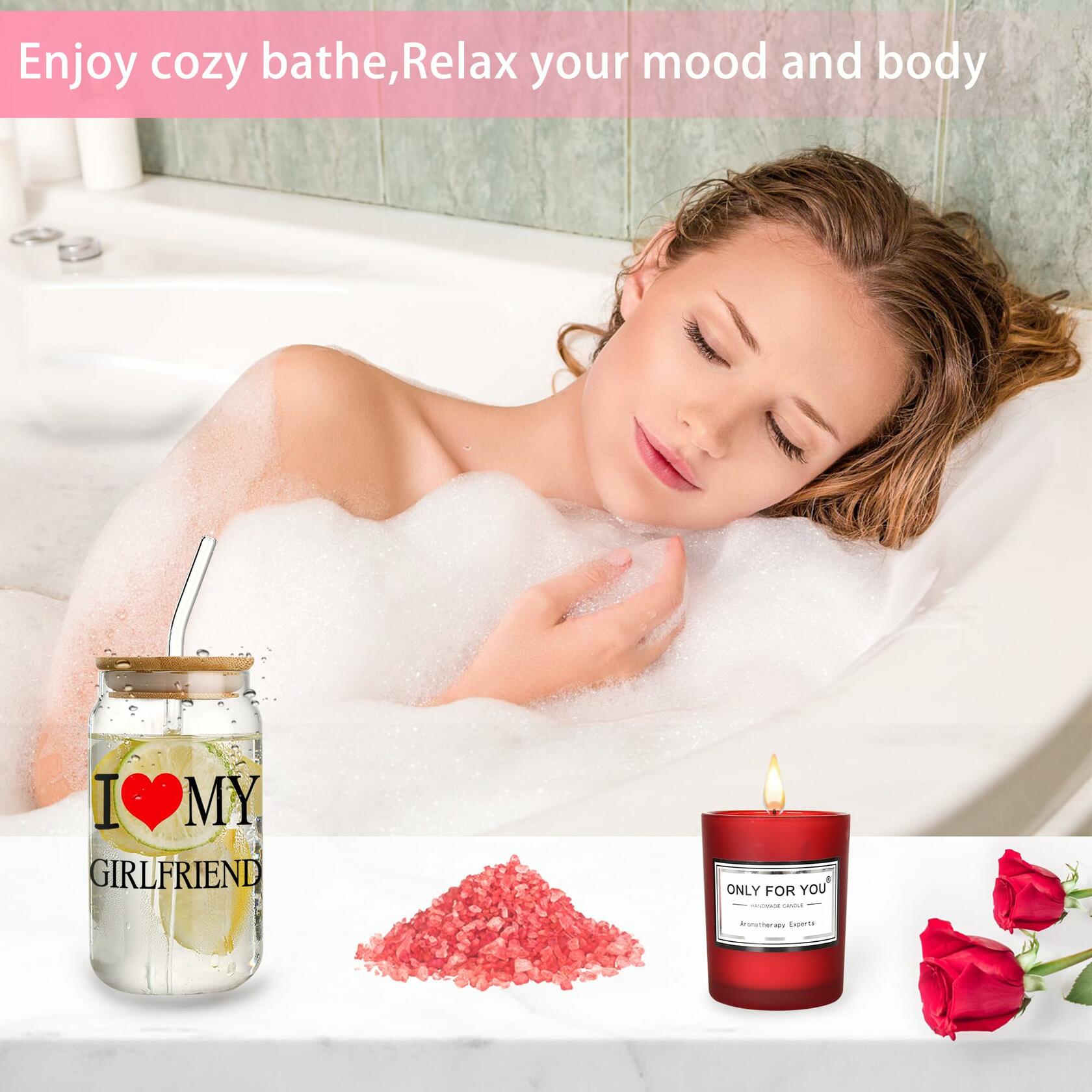 6PCS Valentines Gift Box Women 12oz Wine Tumbler Rose Socks Candle