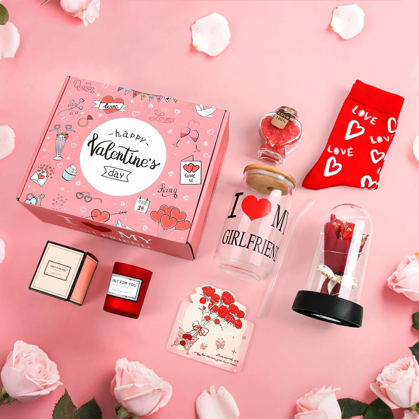 6PCS Valentines Gift Box Women 12oz Wine Tumbler Rose Socks Candle