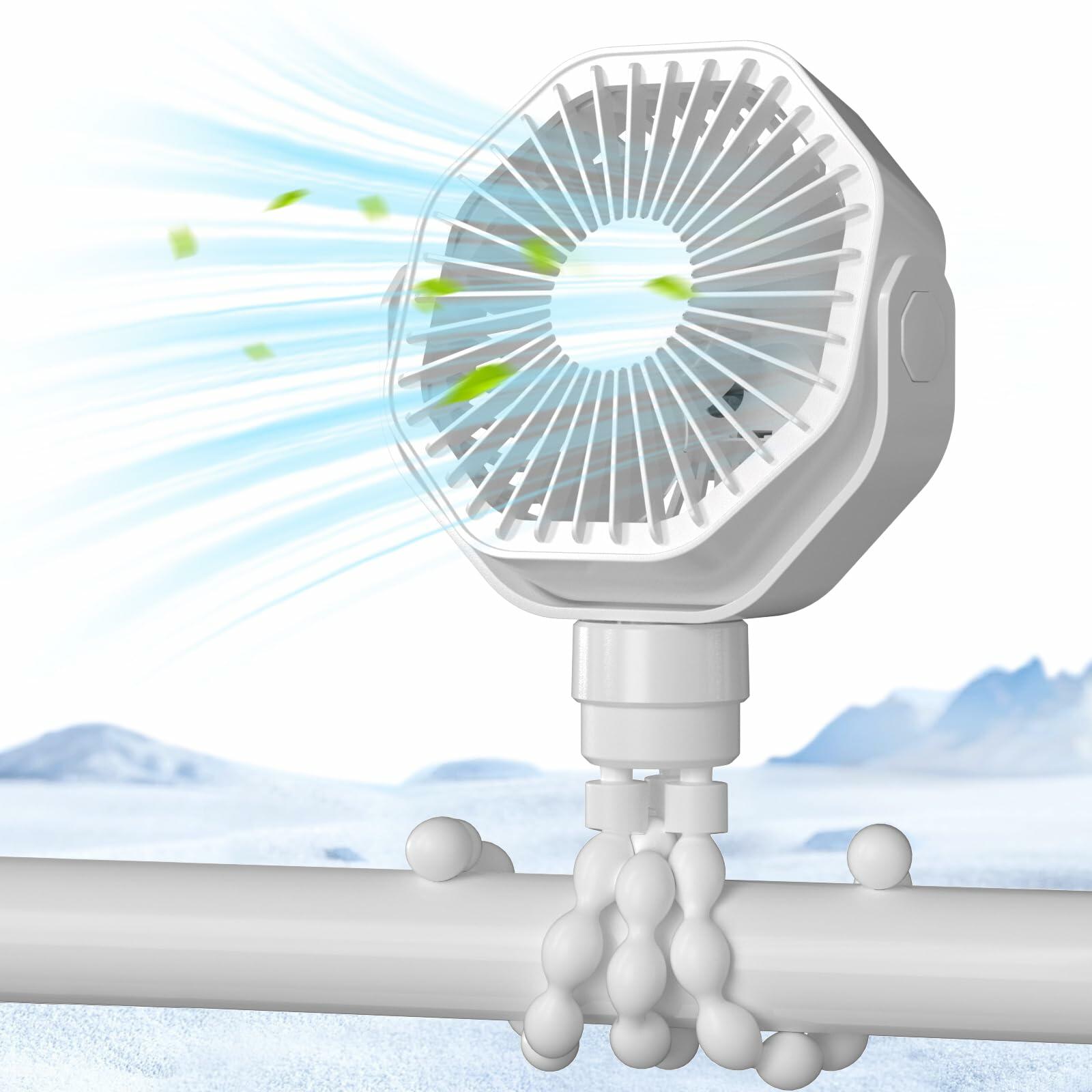 Lerat Portable Stroller Fan Flexible Tripod 3 Speeds Rechargeable White