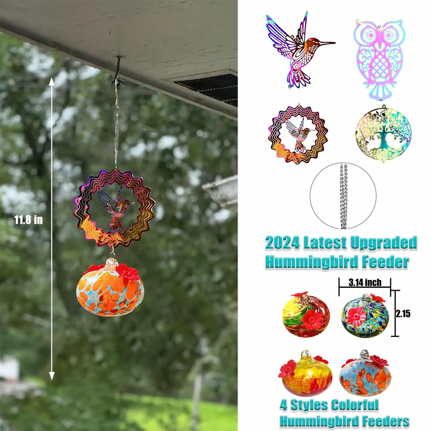 Hand-Blown Glass Hummingbird Feeder with Owl Metal Ornament Garden Decor