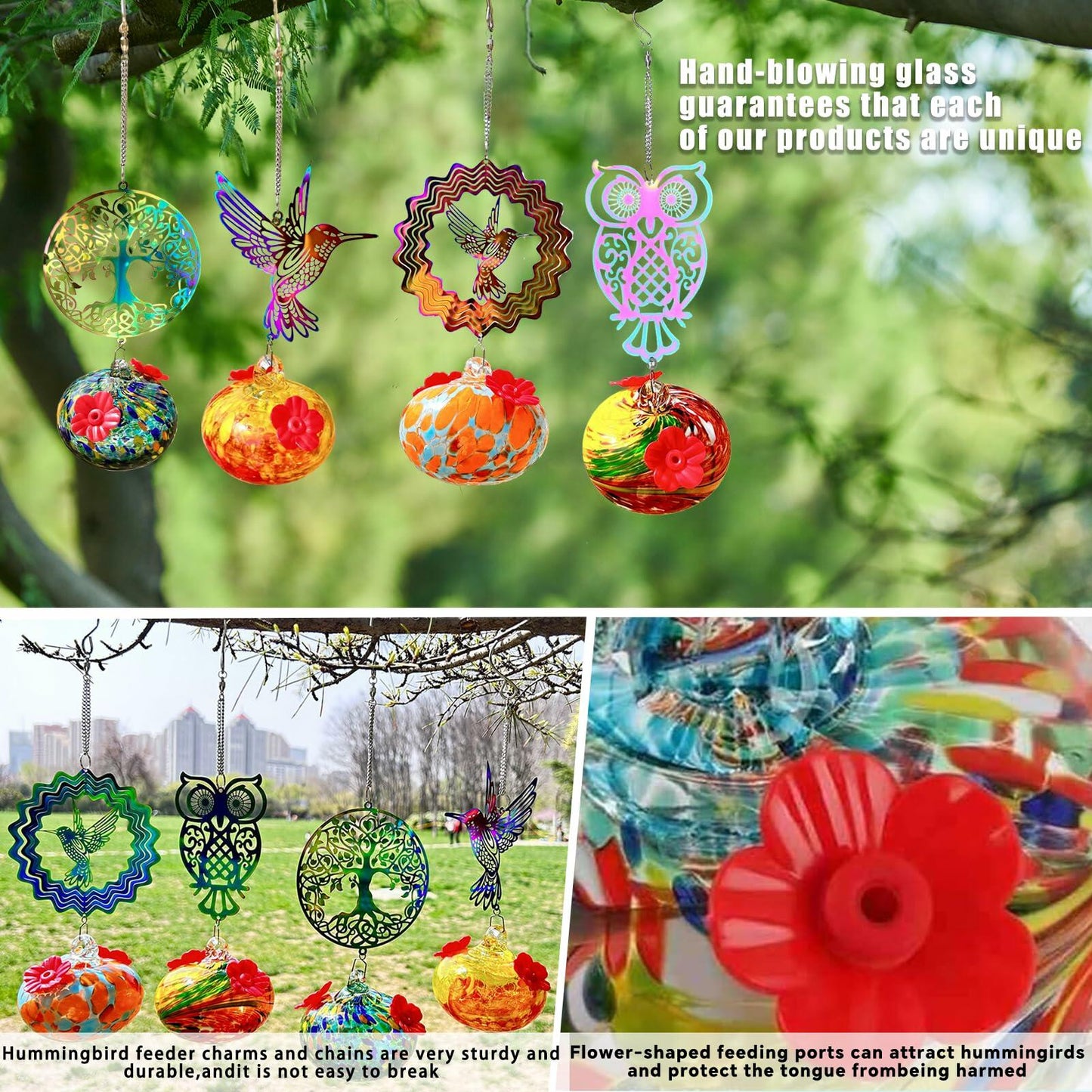 Hand-Blown Glass Hummingbird Feeder with Owl Metal Ornament Garden Decor