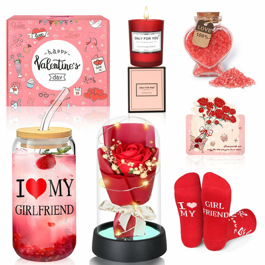 6PCS Valentines Gift Box Women 12oz Wine Tumbler Rose Socks Candle