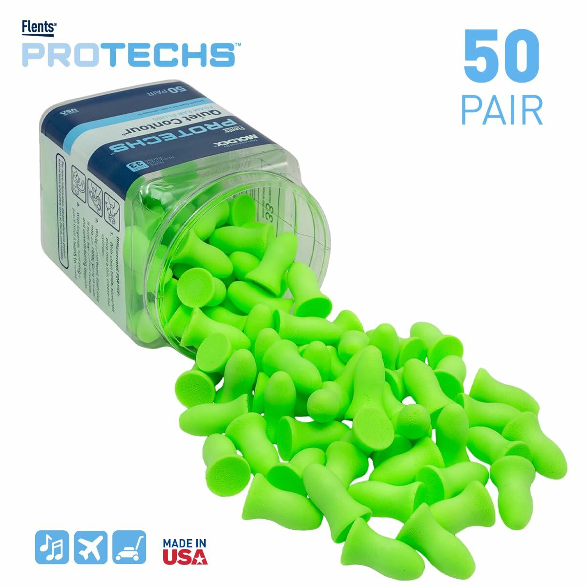 Flents Protechs Foam Ear Plugs NRR 33 Noise Cancelling Green 50 Pair