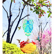 Hand-Blown Glass Hummingbird Feeder with Owl Metal Ornament Garden Decor