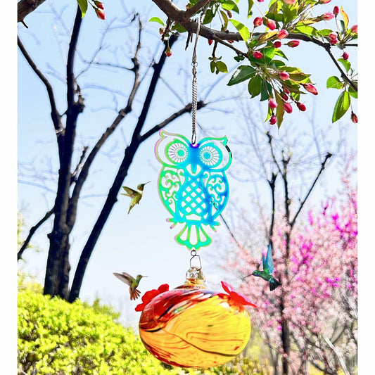 Hand-Blown Glass Hummingbird Feeder with Owl Metal Ornament Garden Decor
