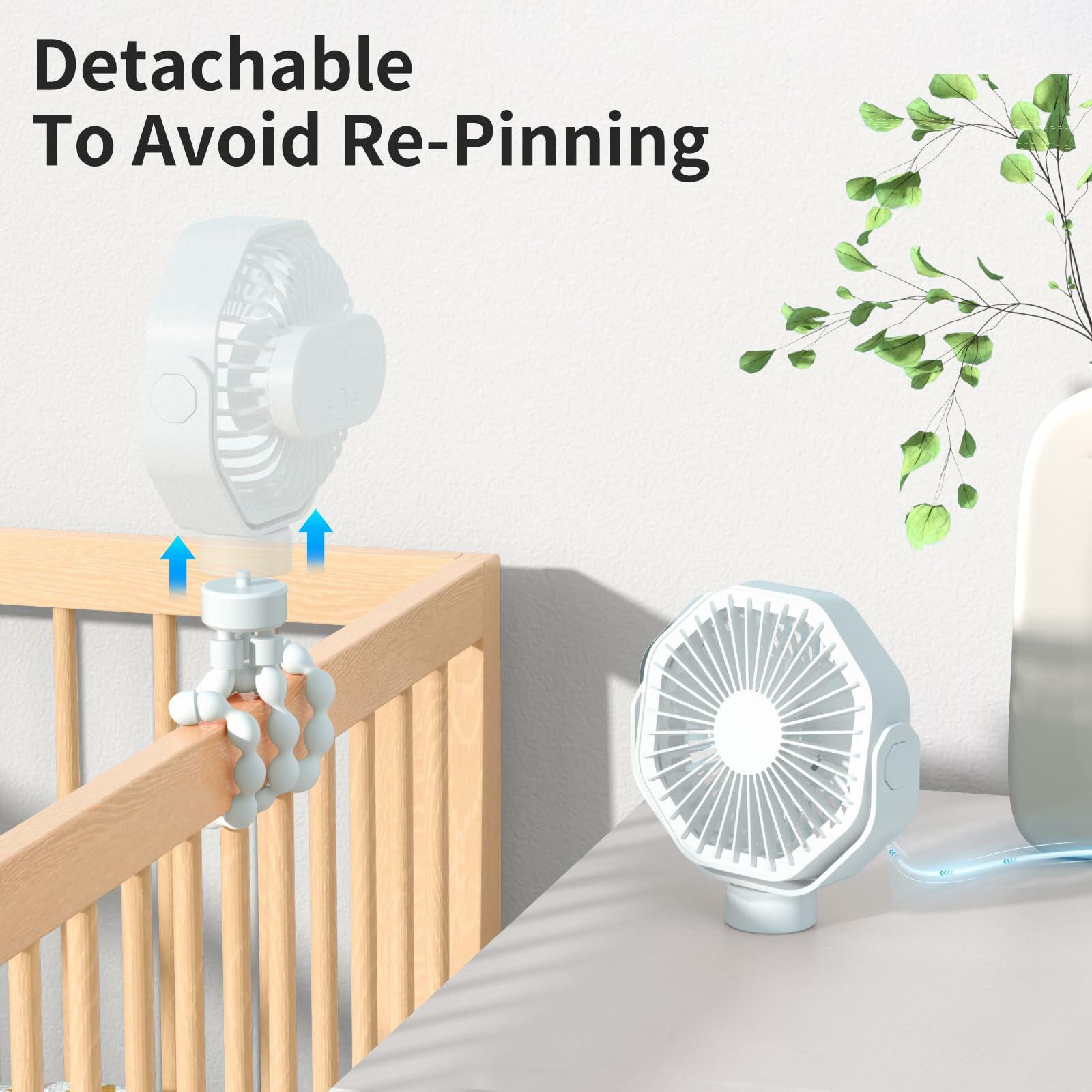 Lerat Portable Stroller Fan Flexible Tripod 3 Speeds Rechargeable White