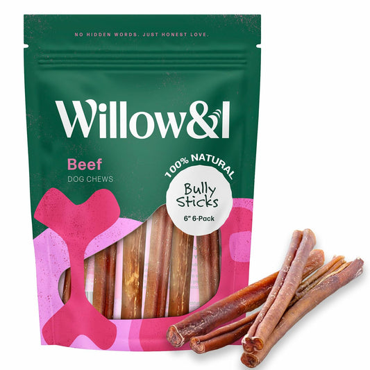 Willow & I 6" Natural Bully Sticks for Dogs Medium Large Small 6 Pack