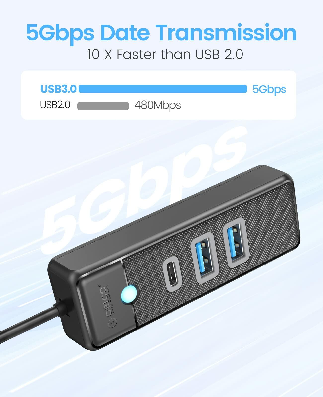 ORICO 4-Port USB 3.0 Hub with 0.49ft Cable Blue Fast Data Transfer