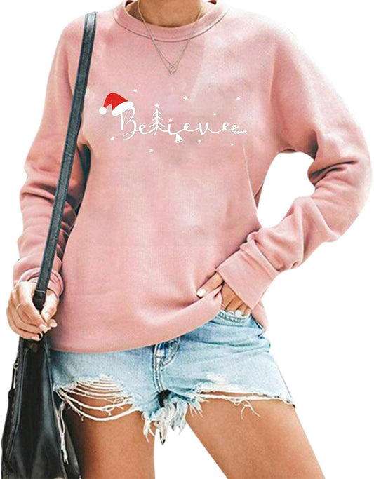 FASHGL Believe Sweatshirt Women Funny Christmas Hat Graphic Pink Size 2XL