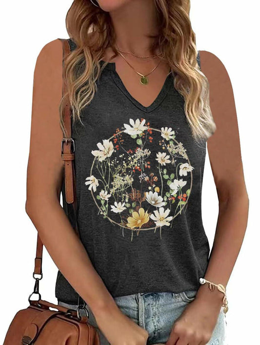 YIUIERE Womens Floral V Neck Tank Top Dark Gray Size S