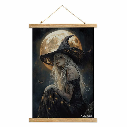XIAOAIKA Halloween Witch Canvas Poster Wooden Hanger 16x23 Wall Art