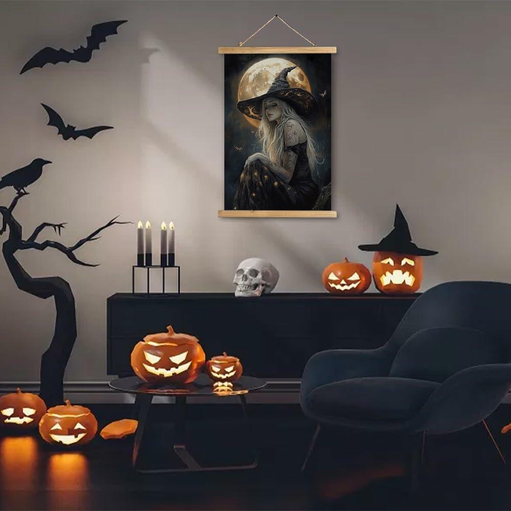 XIAOAIKA Halloween Witch Canvas Poster Wooden Hanger 16x23 Wall Art