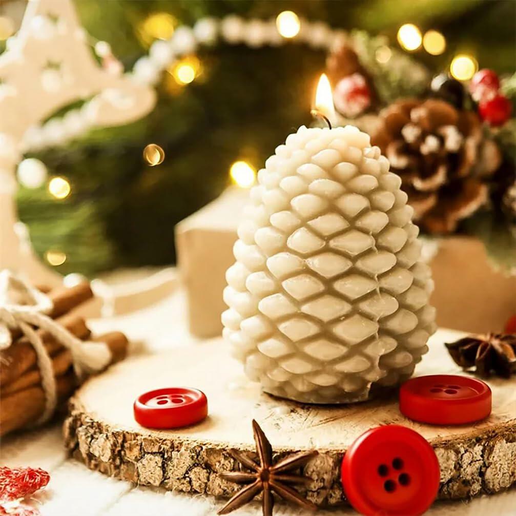 Christmas Pinecone Silicone Candle Mold 3D Xmas Resin Concrete DIY White 1pc