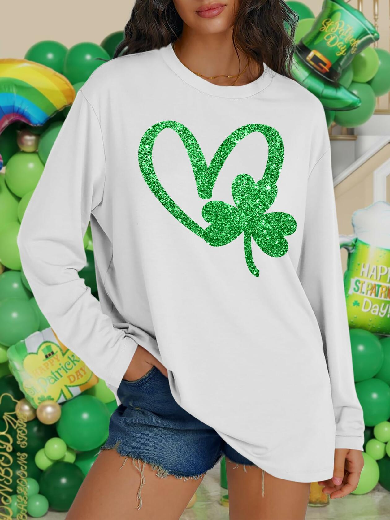 St Patrick's Day Women's Oversized Lucky Shamrock Long Sleeve T-Shirt Size M