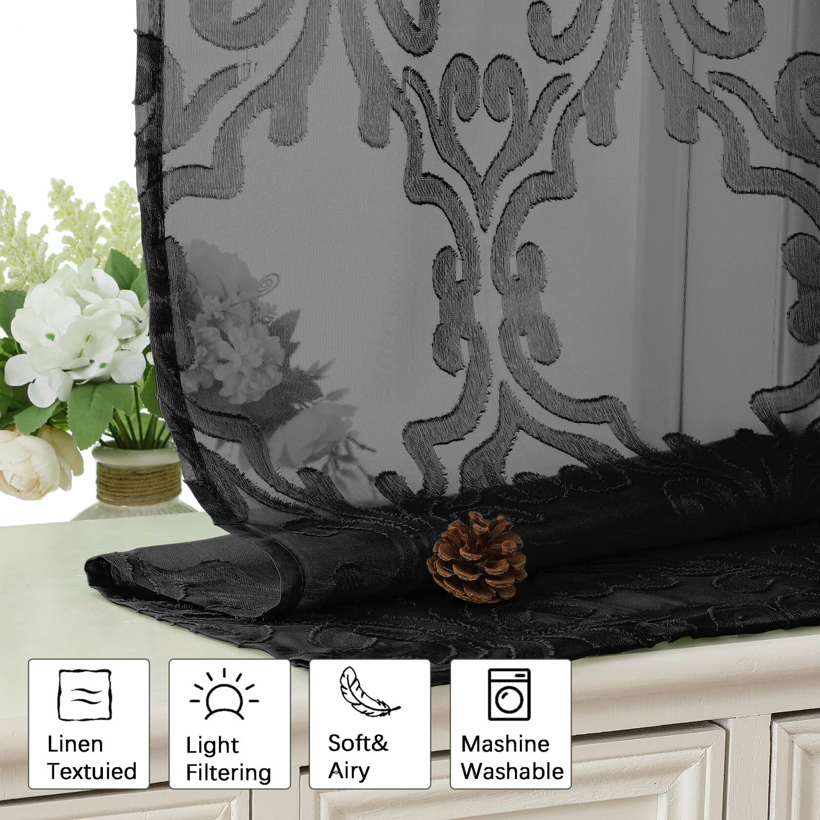 Aiyufeng Suri Sheer Curtains 2 Panels 42x45 Inch Black