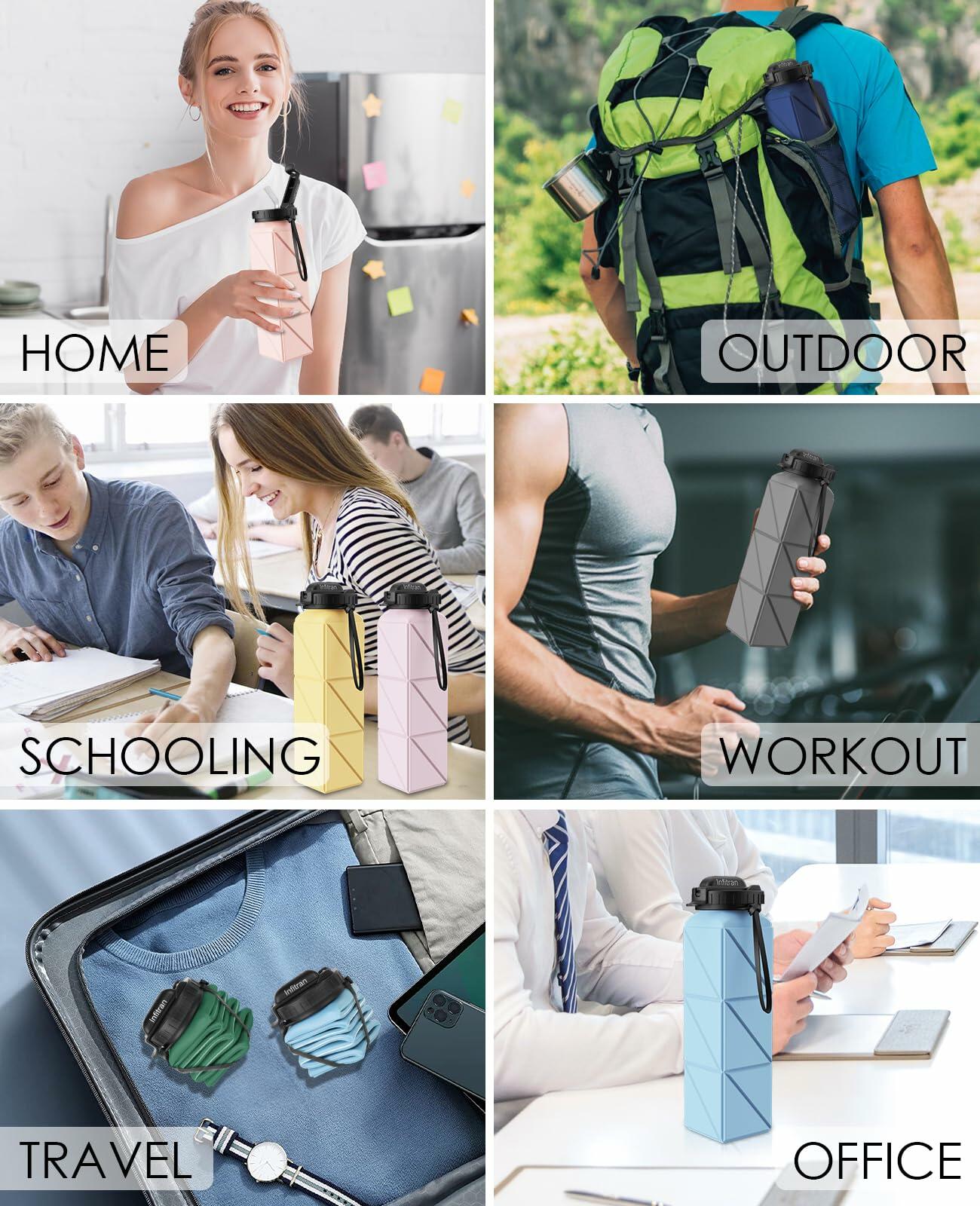 Infitran 4 Pack Collapsible Silicone Water Bottles 20.6oz BPA-Free Leak-Proof
