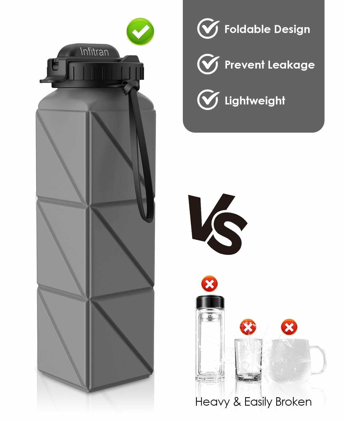 Infitran 4 Pack Collapsible Silicone Water Bottles 20.6oz BPA-Free Leak-Proof