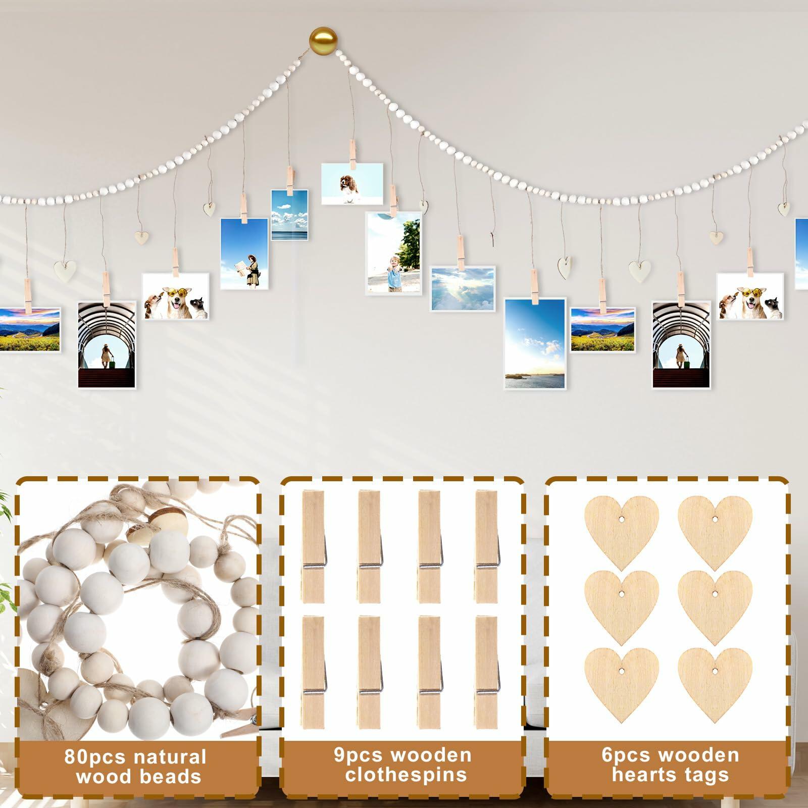 Hanging Photo Display with 9 Wooden Clips - Wall Decor Boho Dorm Room