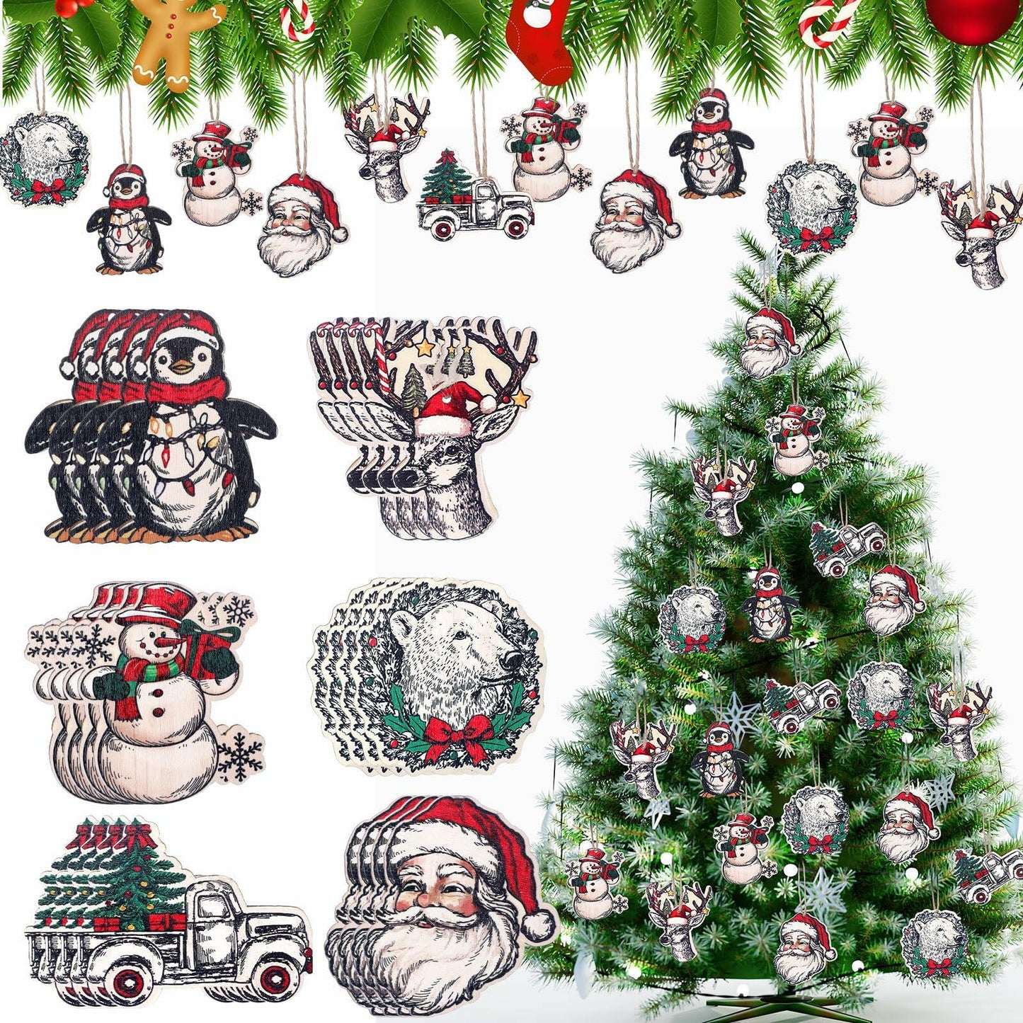 Syhood Vintage Wooden Christmas Ornaments 24 Pcs Snowman Santa Elk Bear