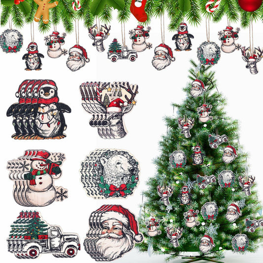 Syhood Vintage Wooden Christmas Ornaments 24 Pcs Snowman Santa Elk Bear