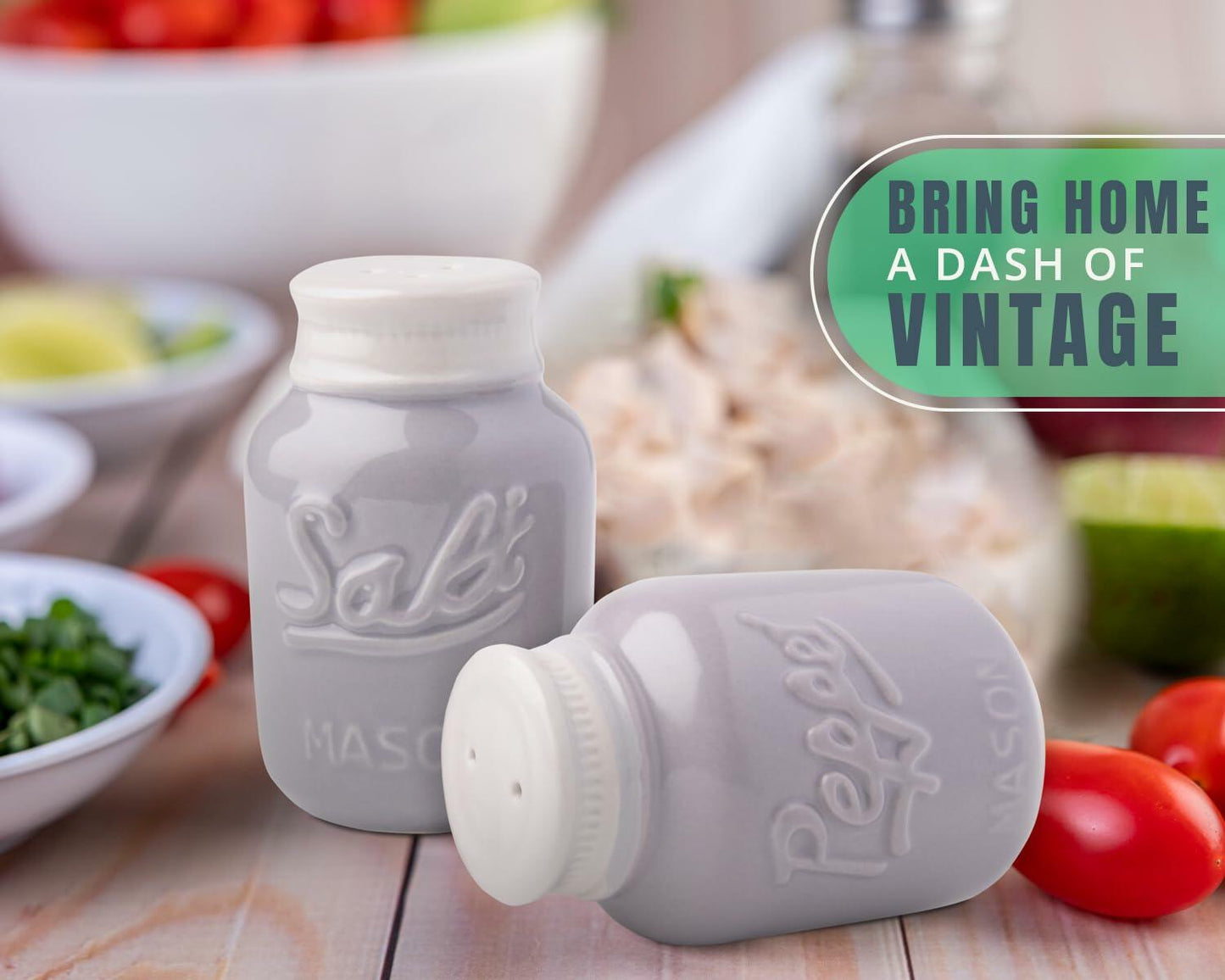 Comfify Vintage Mason Jar Salt & Pepper Shakers Ceramic Grey 3.5 oz