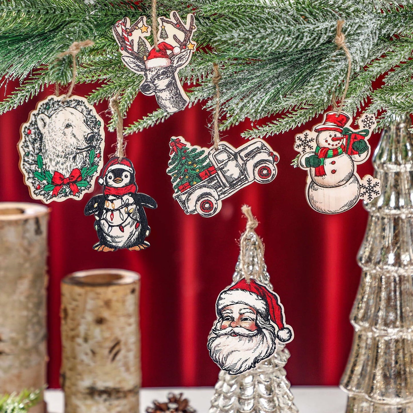 Syhood Vintage Wooden Christmas Ornaments 24 Pcs Snowman Santa Elk Bear