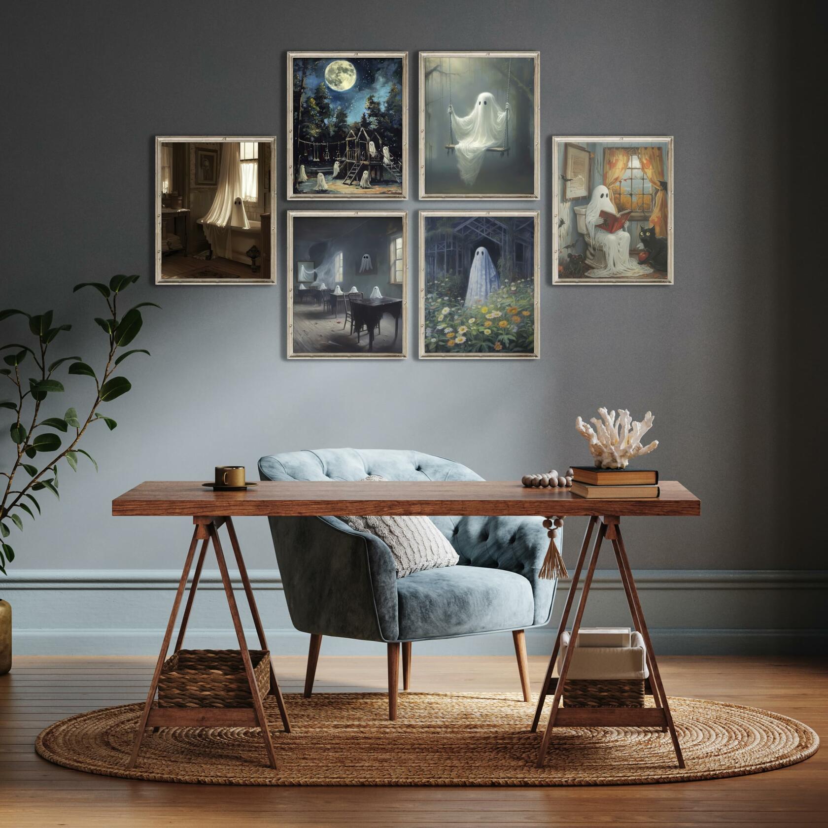 HD WOOD CRAFT Halloween Ghost Wall Art Prints Vintage Posters Unframed