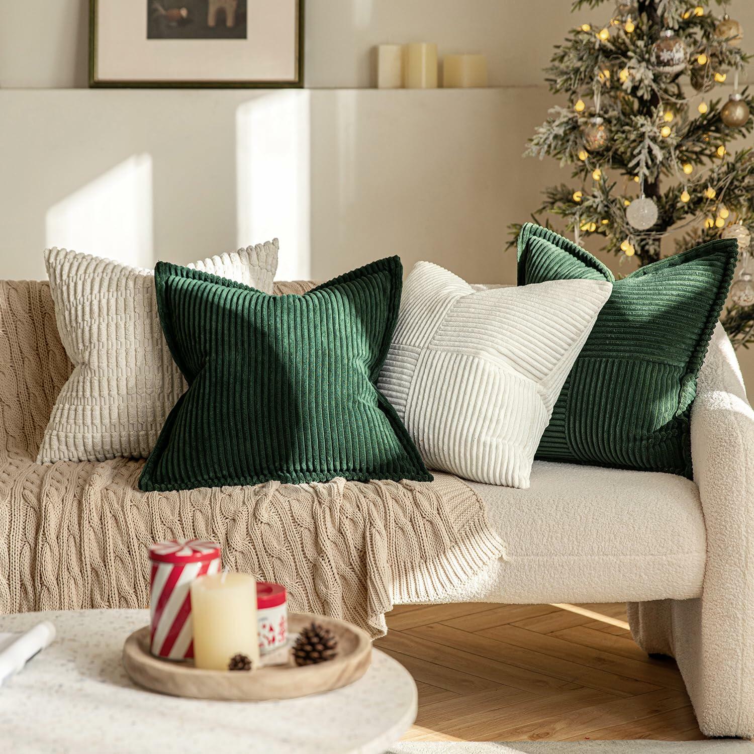 EMEMA Corduroy Boho Throw Pillow Covers 16x16 Olive Green Pack of 2