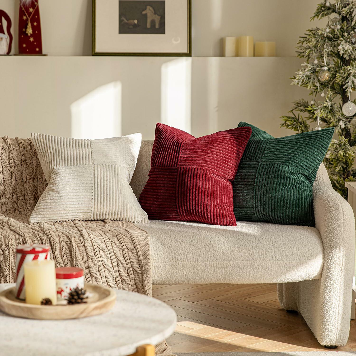 EMEMA Corduroy Boho Throw Pillow Covers 16x16 Olive Green Pack of 2