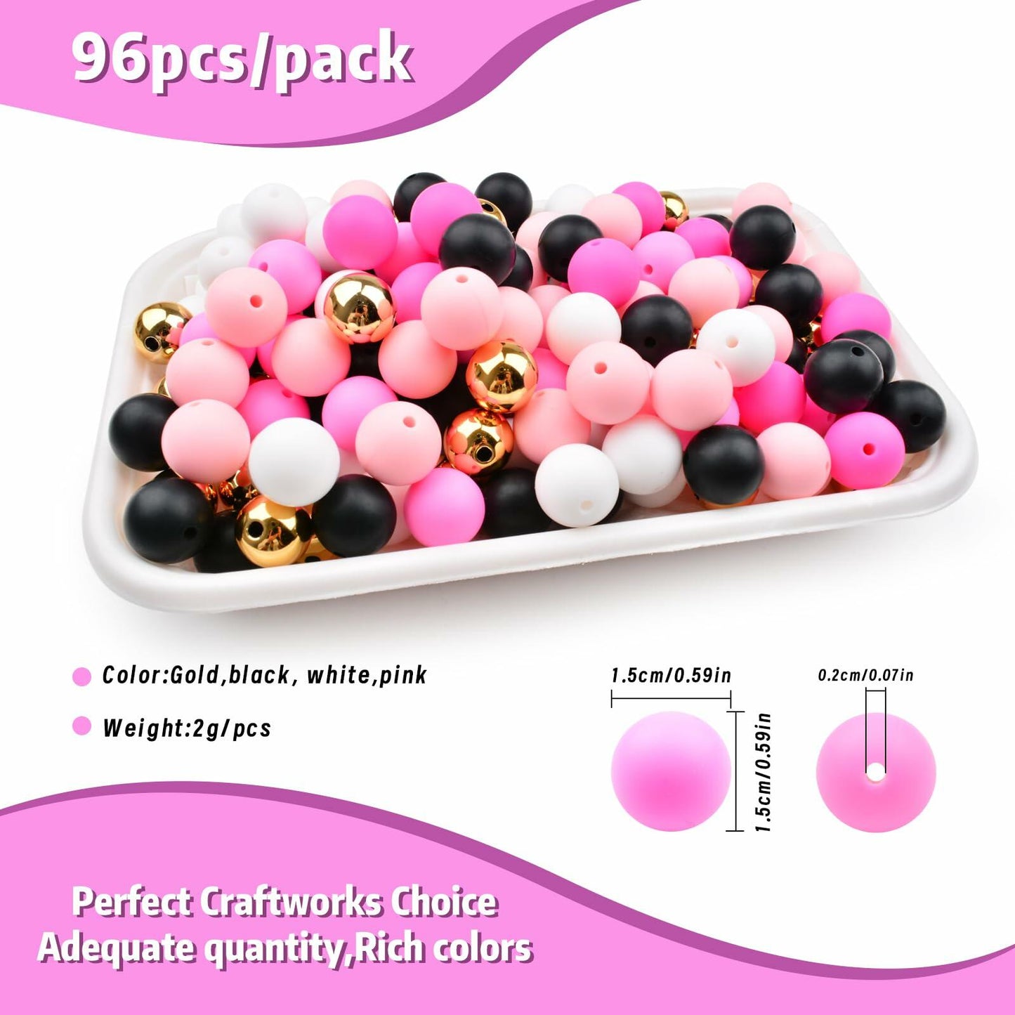 96PCS 15mm Silicone Beads,4 Colors Silicone Beads Kit for Keychain Making
