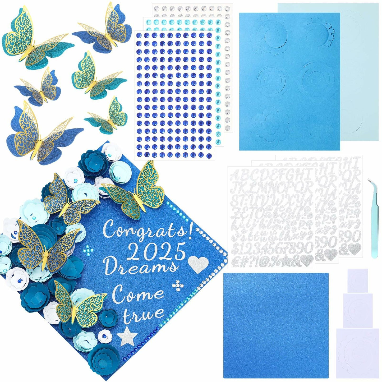 Knitgrip Graduation Cap Decoration Kit 98 Pc Blue Faux Flowers Butterfly