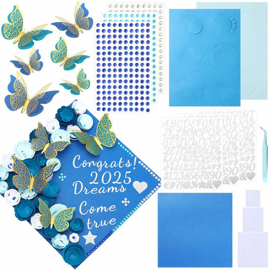Knitgrip Graduation Cap Decoration Kit 98 Pc Blue Faux Flowers Butterfly