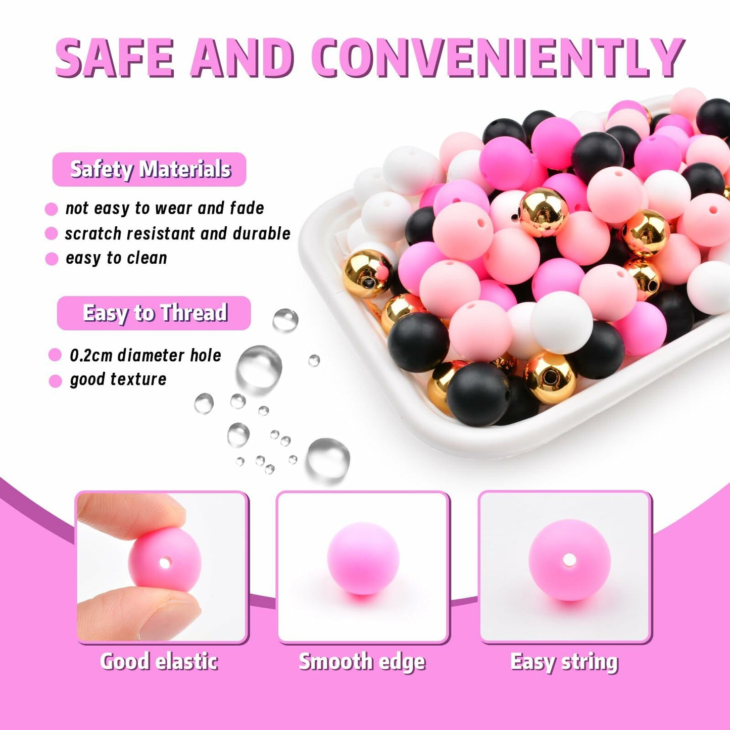 96PCS 15mm Silicone Beads,4 Colors Silicone Beads Kit for Keychain Making