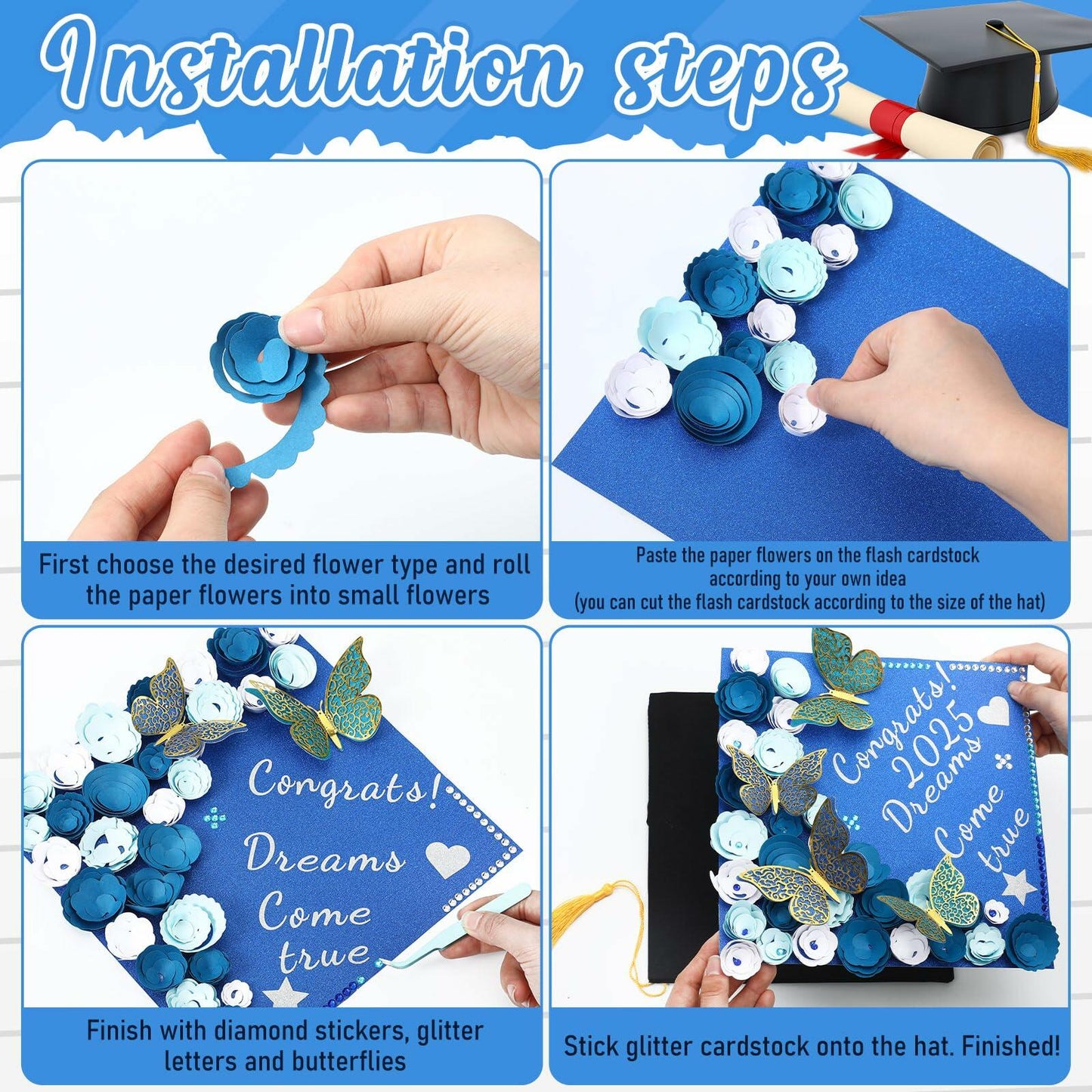 Knitgrip Graduation Cap Decoration Kit 98 Pc Blue Faux Flowers Butterfly