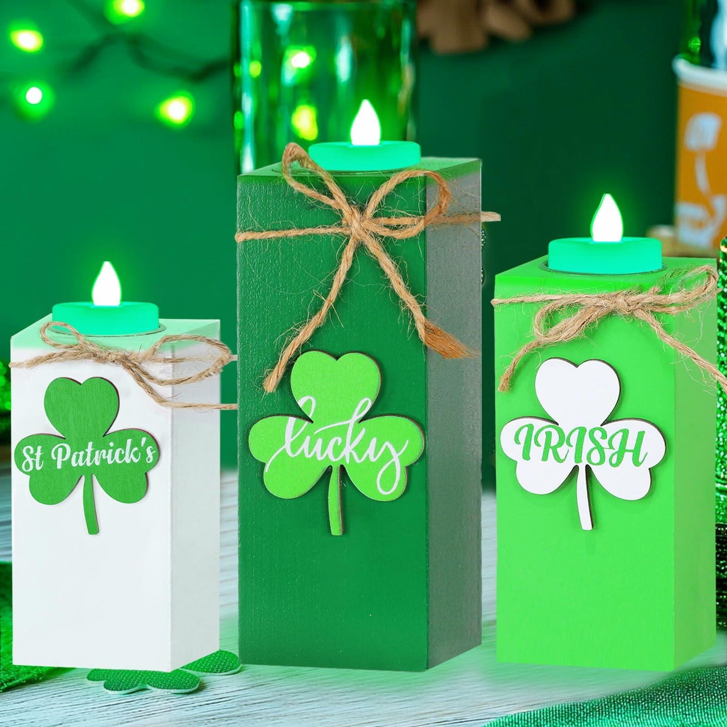 3 Pack St. Patrick's Day Flameless Tea Light Candles Shamrock Design